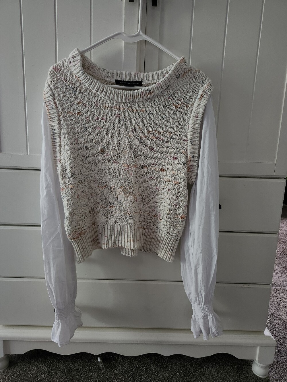 French Connection Women’s Cream Crochet Knit Sweater With Ruffled Wrist Sleeve M